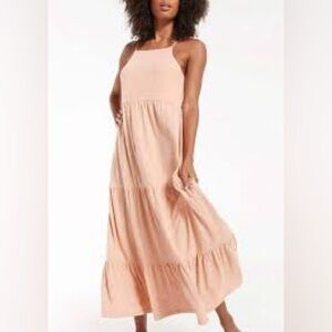 Z Supply Rory Pale Yellow Tiered Spaghetti-Strap Cotton Maxi Dress M